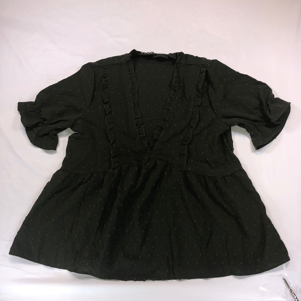 Olive Green Swiss Dot Ruffle V-Neck Babydoll Peplum Blouse Top Size M